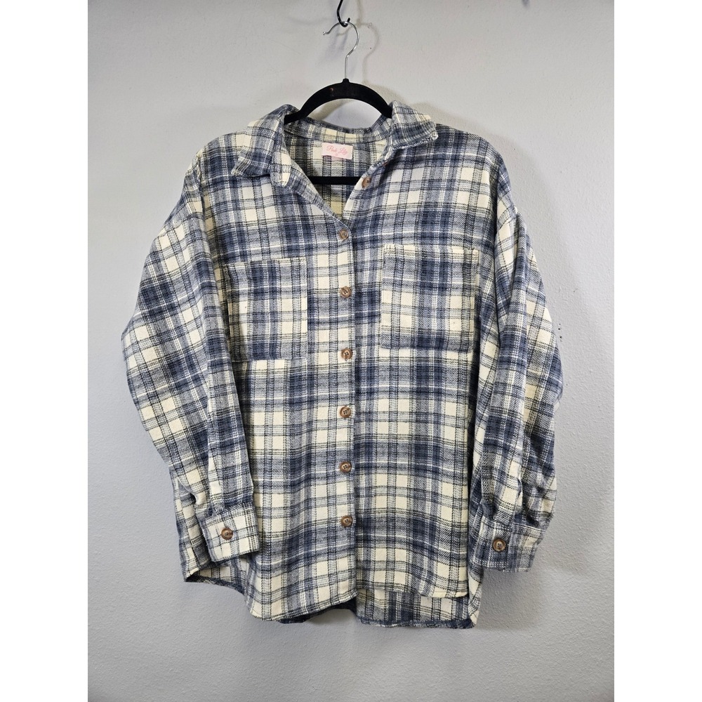 Pink Lily Plaid Button Down Shacket Oversized Flannel Shirt Jacket Small